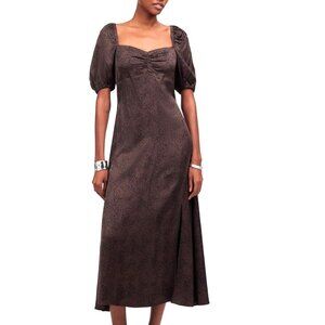 Madewell Sweetheart neckline Satin Midi Dress, brown/black speckled print, 4